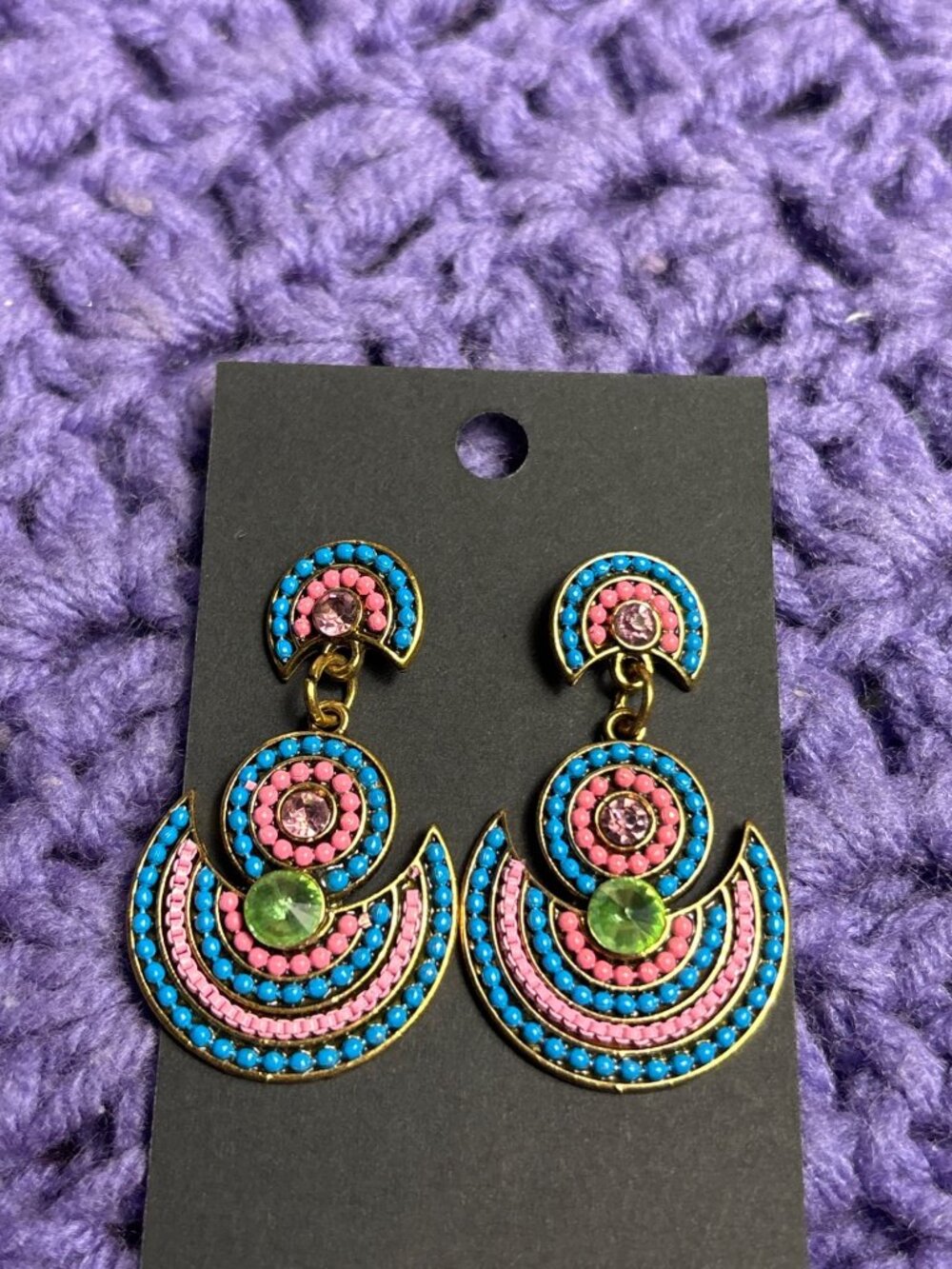 Colorful Statement Dangle Earrings Blue Pink Green Rhinestones Goldtone 1.75 inc
